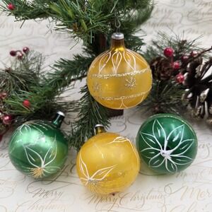 4pc Vtg Glass Ornaments Green‎ Yellow Hand Painted Flowers Floral Gold Glitter